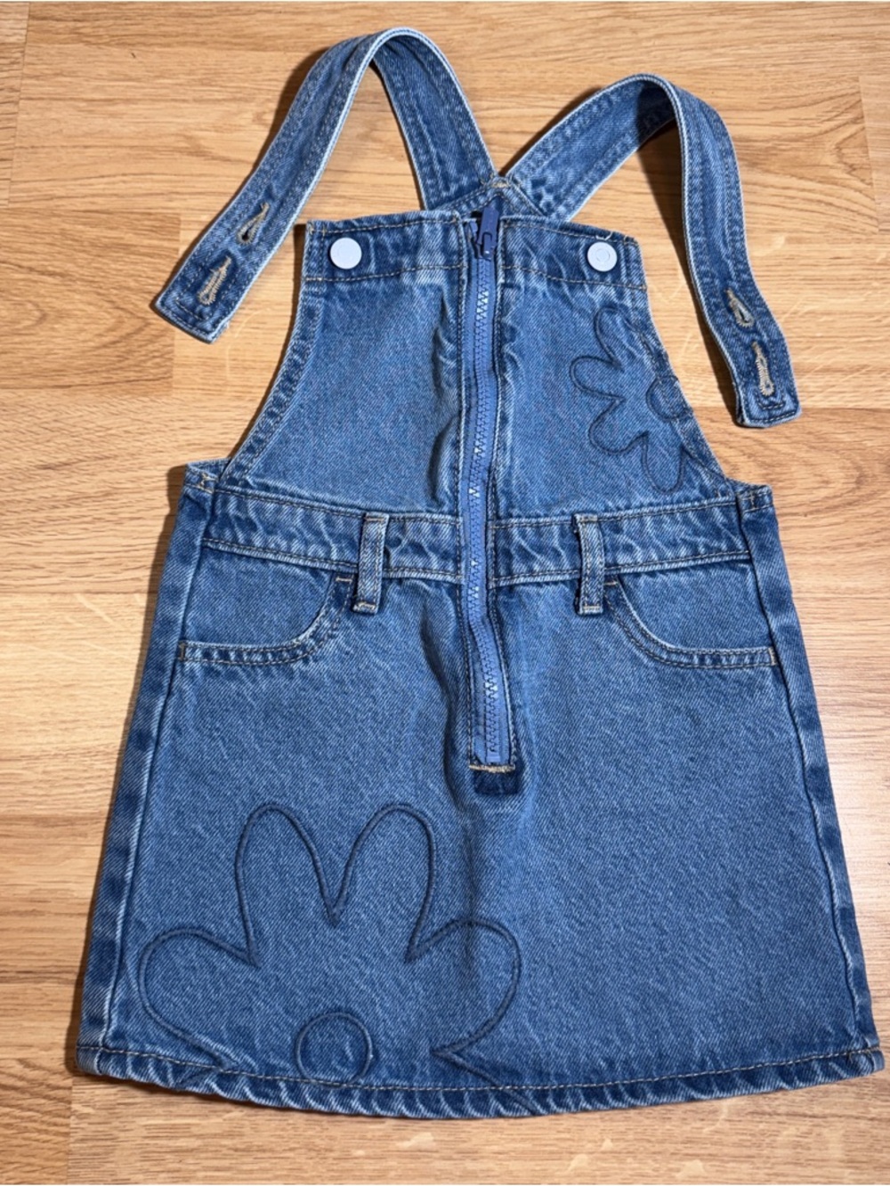 Old Navy Blue Denim Girls' Overall Dress with Flower Stitch